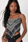 Lulus Rodeo Romance Black Paisley Bandana Print Handkerchief Tank Top In Black