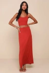 Lulus Romance In Rome Terracotta Lace-up Two-piece Maxi Dress In Orange