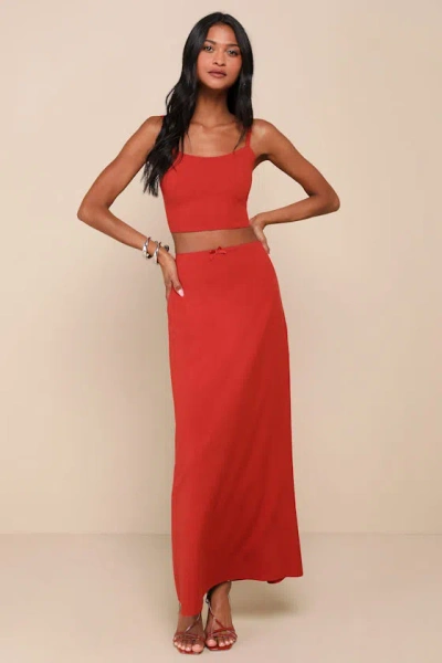 Lulus Romance In Rome Terracotta Lace-up Two-piece Maxi Dress In Orange