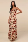 Lulus Romance In The Making Beige Floral Print Velvet Maxi Dress In Beige