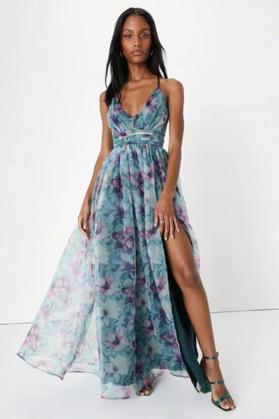 Lulus Romance That Wows Dark Teal Floral Print Organza Maxi Dress
