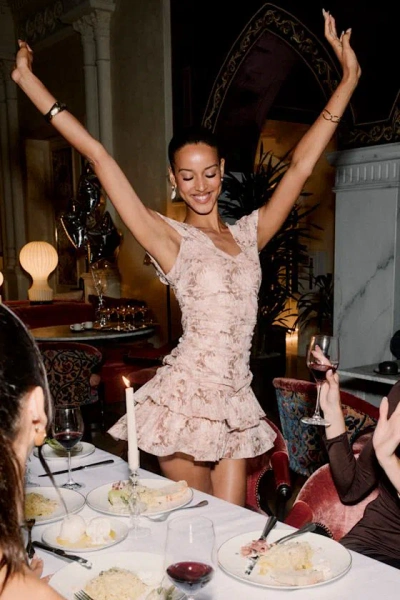 Lulus Romanette Blush Floral Mesh Off-the-shoulder Tiered Mini Dress In Gray
