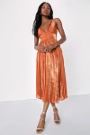 Lulus Romantic Aesthetic Shiny Rust Orange Pleated Midi Dress In Rust Orange
