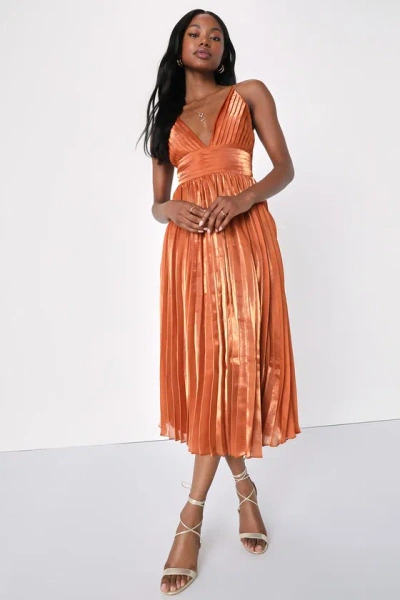 Lulus Romantic Aesthetic Shiny Rust Orange Pleated Midi Dress