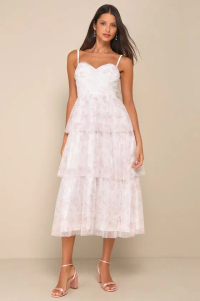 Lulus Romantic Babe White Floral Mesh Sleeveless Midi Dress