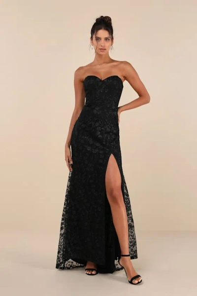 Lulus Romantic Beauty Black Floral Embroidered Strapless Maxi Dress
