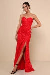 Lulus Romantic Beauty Red Floral Embroidered Strapless Maxi Dress In Red
