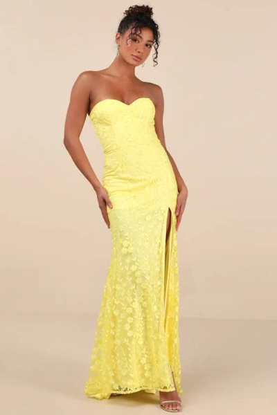 Lulus Romantic Beauty Yellow Floral Embroidered Strapless Maxi Dress