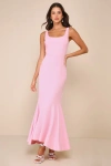 LULUS ROMANTIC DESTINY LIGHT PINK SQUARE NECK TRUMPET MAXI DRESS