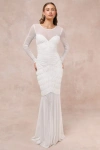 Lulus Romantic Heights White Mesh Ruched Long Sleeve Maxi Dress In White