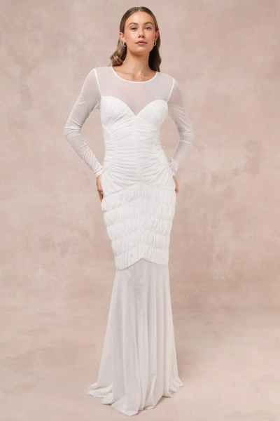 Lulus Romantic Heights White Mesh Ruched Long Sleeve Maxi Dress