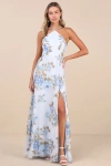 Lulus Romantic Marvel Light Blue Floral Print Halter Neck Maxi Dress In Light Blue
