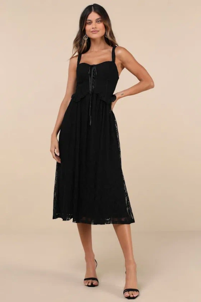 Lulus Romantic Option Black Lace Sleeveless Lace-up Corset Midi Dress