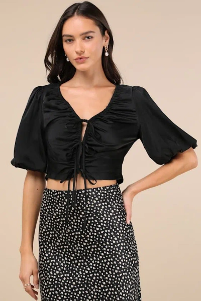 Lulus Romantic Snapshot Black Satin Puff Sleeve Tie-front Top