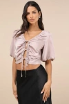 Lulus Romantic Snapshot Mauve Satin Puff Sleeve Tie-front Top In Mauve