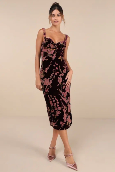 Lulus Romantic Stunner Plum Floral Burnout Velvet Lace-up Dress In Purple