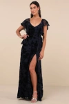 Lulus Romantic Wonder Navy Burnout Velvet Ruffled Tie-back Maxi Dress In Navy