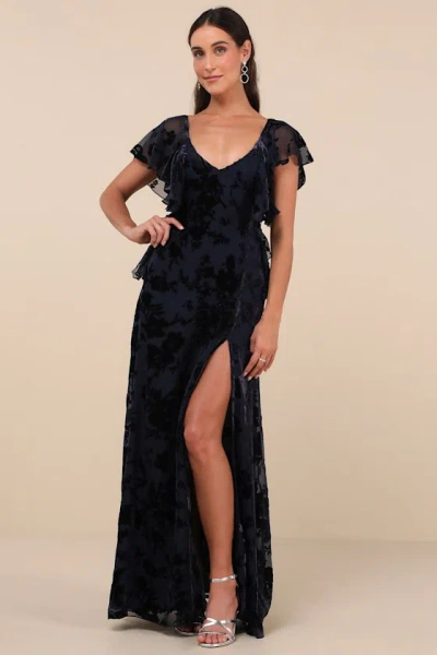Lulus Romantic Wonder Navy Burnout Velvet Ruffled Tie-back Maxi Dress