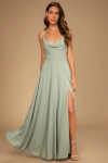 Lulus Romantically Speaking Sage Green Cowl Lace-up Maxi Dress In Sage Green