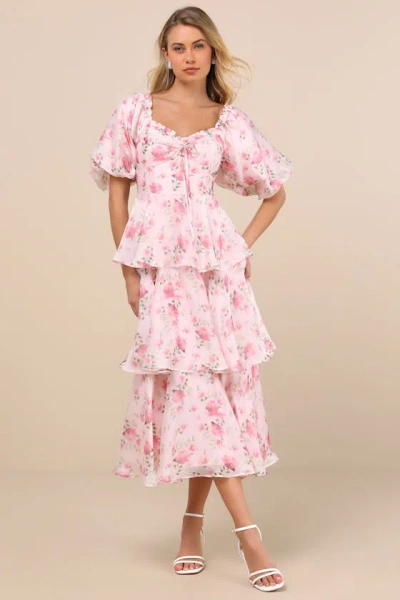 Lulus Romilly Light Pink Floral Tiered Midi Dress