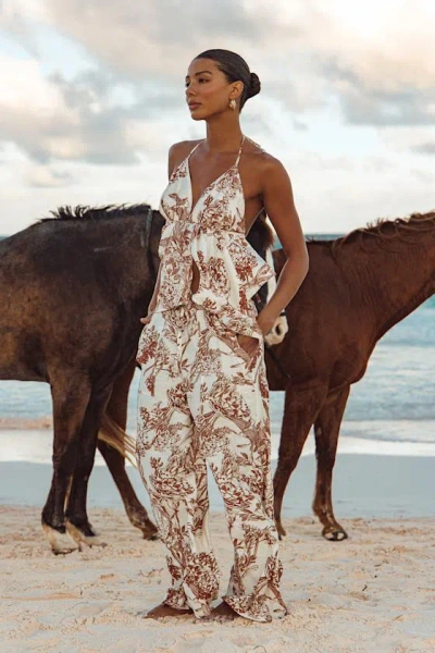 Lulus Rona Ivory And Brown Floral Two-piece Jumpsuit In Neutral