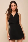 LULUS ROOFTOP BAR BLACK SLEEVELESS FAUX-WRAP BELTED SKORT ROMPER