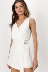 Lulus Rooftop Bar White Sleeveless Faux-wrap Belted Skort Romper In White