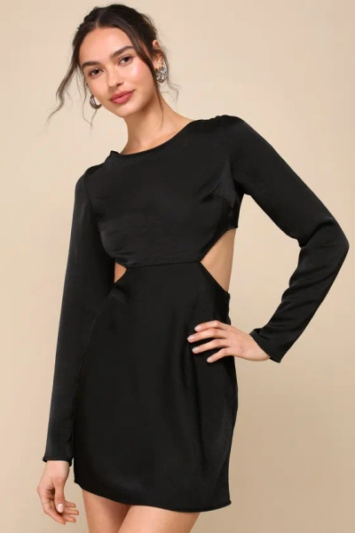 Lulus Rooftop Soiree Black Satin Long Sleeve Backless Mini Dress