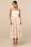 Lulus Rosalee Ivory Floral Mixed Media Midi Dress