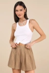 Lulus Rossella Light Brown Woven Pleated High-rise Shorts In Black
