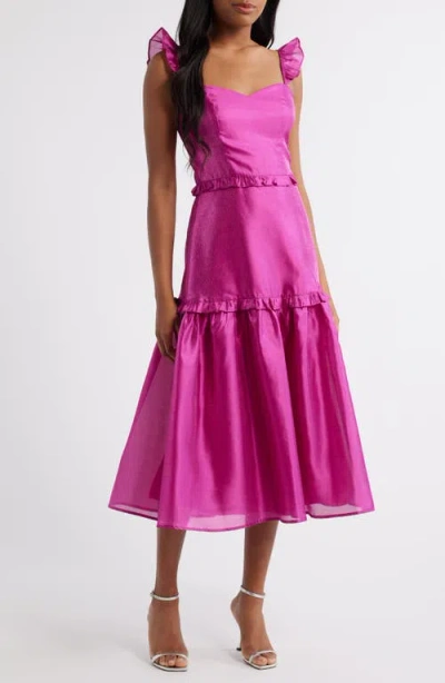 Lulus Ruffle Detail Textured Satin Dress In Fuchsia