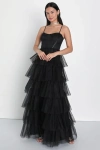 Lulus Rule The Runway Black Tulle Bustier Tiered Maxi Dress In Black