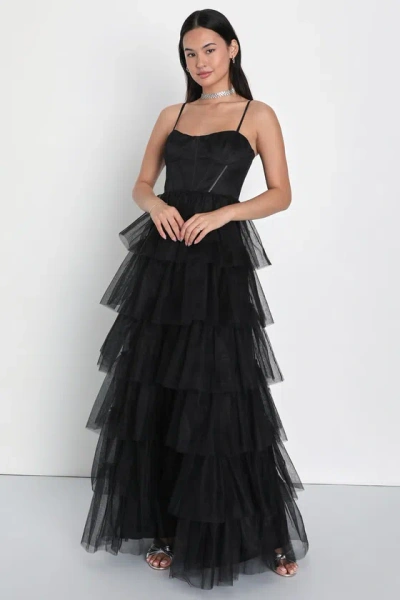 Lulus Rule The Runway Black Tulle Bustier Tiered Maxi Dress