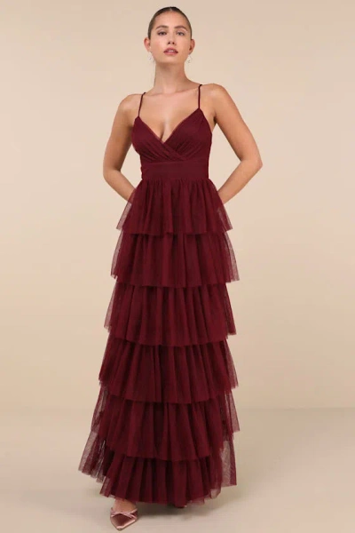 Lulus Rule The Runway Burgundy Tulle Surplice Tiered Maxi Dress