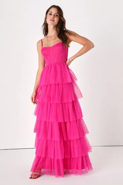 Lulus Rule The Runway Hot Pink Tulle Bustier Tiered Maxi Dress
