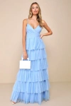 Lulus Rule The Runway Light Blue Tulle Surplice Tiered Maxi Dress In Light Blue