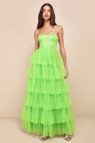 Lulus Rule The Runway Lime Green Tulle Bustier Tiered Maxi Dress