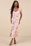 Lulus Ryland Cream Multi Floral Satin Flutter Sleeve Midi Dress In Cream Multi