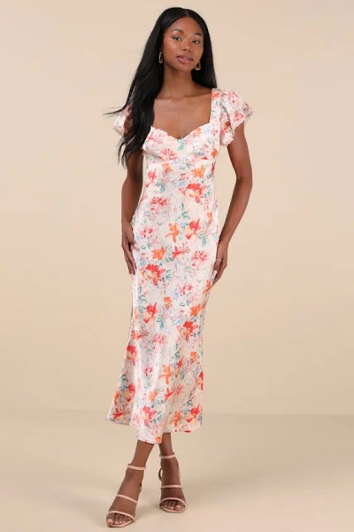 Lulus Ryland Cream Multi Floral Satin Flutter Sleeve Midi Dress