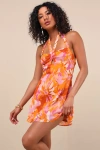 Lulus Sabine Orange Multi Floral Halter Mini Dress In Orange
