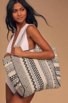 LULUS SAFE TRAVELS CREAM AND BLACK WOVEN TOTE BAG