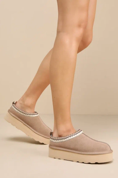 Lulus Saima Sandstone Suede Embroidered Flatform Slippers In Taupe