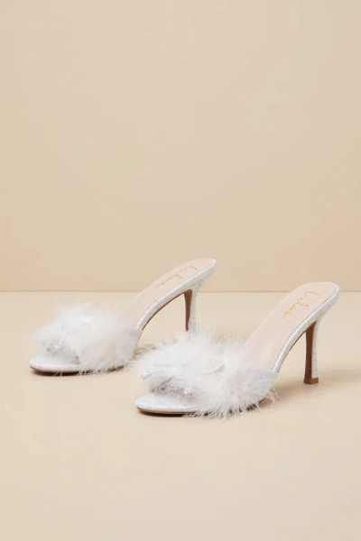 Lulus Fuller White Satin Feather Ankle Strap High Heel Sandal Heels In Blue