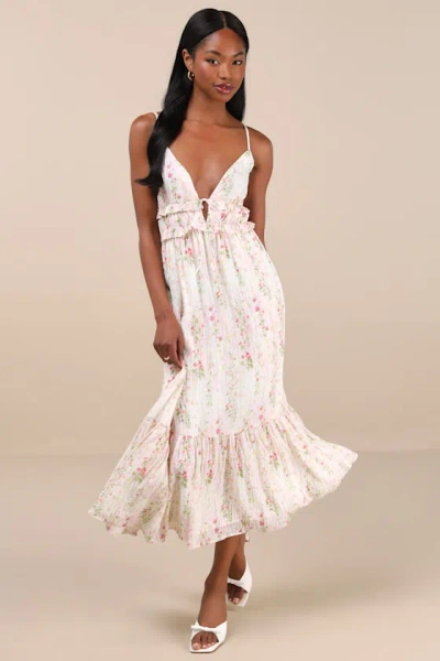 Lulus Sandi Ivory Multi Floral Tie-front Midi Dress