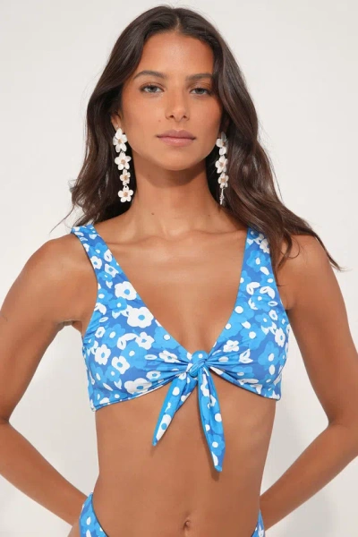 Lulus Sandy Dandy Blue Floral Print Tie-front Bikini Top
