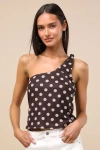Lulus Saskia Chocolate Brown Polka Dot Mesh One-shoulder Top