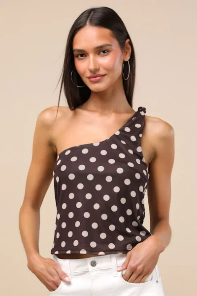 Lulus Saskia Chocolate Brown Polka Dot Mesh One-shoulder Top