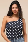 Lulus Saskia Navy Polka Dot Mesh One-shoulder Top
