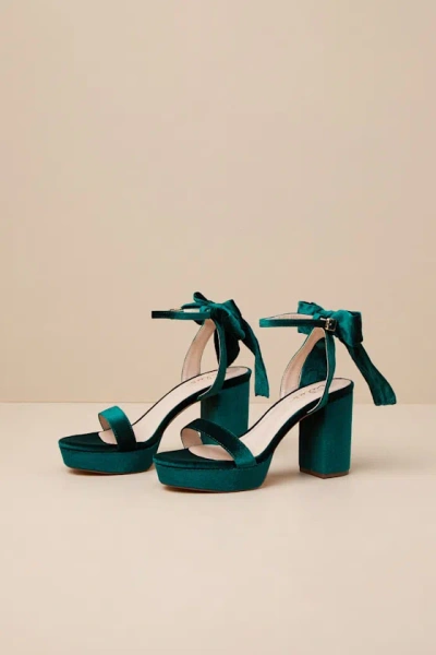 Lulus Sassyy Emerald Velvet Bow Platform Ankle Strap Sandals In Green