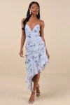 Lulus Saveria Light Blue Floral Ruffled Asymmetrical Maxi Dress In Light Blue